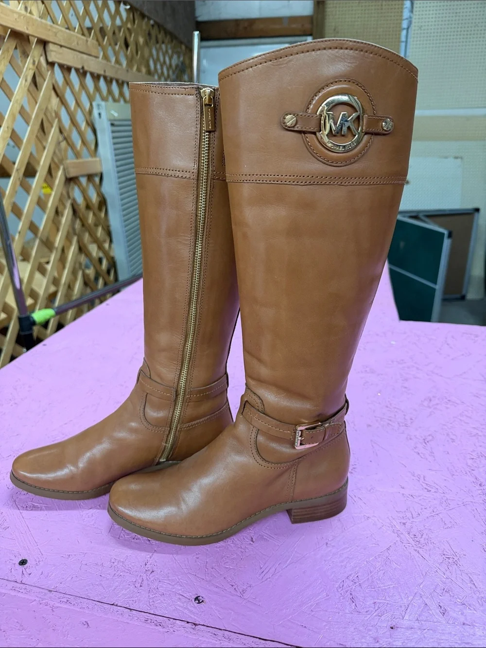Michael Kors Cognac Leather Over-the-Knee Buckle Boots